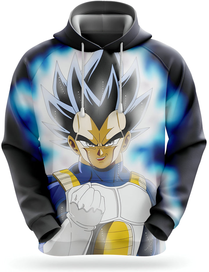 L'image représente un sweat à capuche noir avec une image de Vegeta, un personnage de la série animée Dragon Ball Z. Vegeta est représenté avec ses cheveux bleus et sa combinaison de combat bleue et jaune. Il est en position de combat, le poing droit en avant. Le sweat à capuche est disponible en plusieurs tailles et peut être acheté en ligne.,SW-9127518558,SW-3400961426,SW-1077741634,SW-4246623067,SW-5842694182,SW-9673607702,SW-3479434258,SW-0206082398