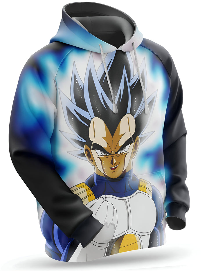 L'image montre un sweat à capuche bleu et noir avec une image de Vegeta, un personnage de la série animée Dragon Ball Z. Vegeta est représenté avec ses cheveux bleus et sa combinaison bleue et jaune. Il est entouré d'une aura bleue.,SW-9127518558,SW-3400961426,SW-1077741634,SW-4246623067,SW-5842694182,SW-9673607702,SW-3479434258,SW-0206082398