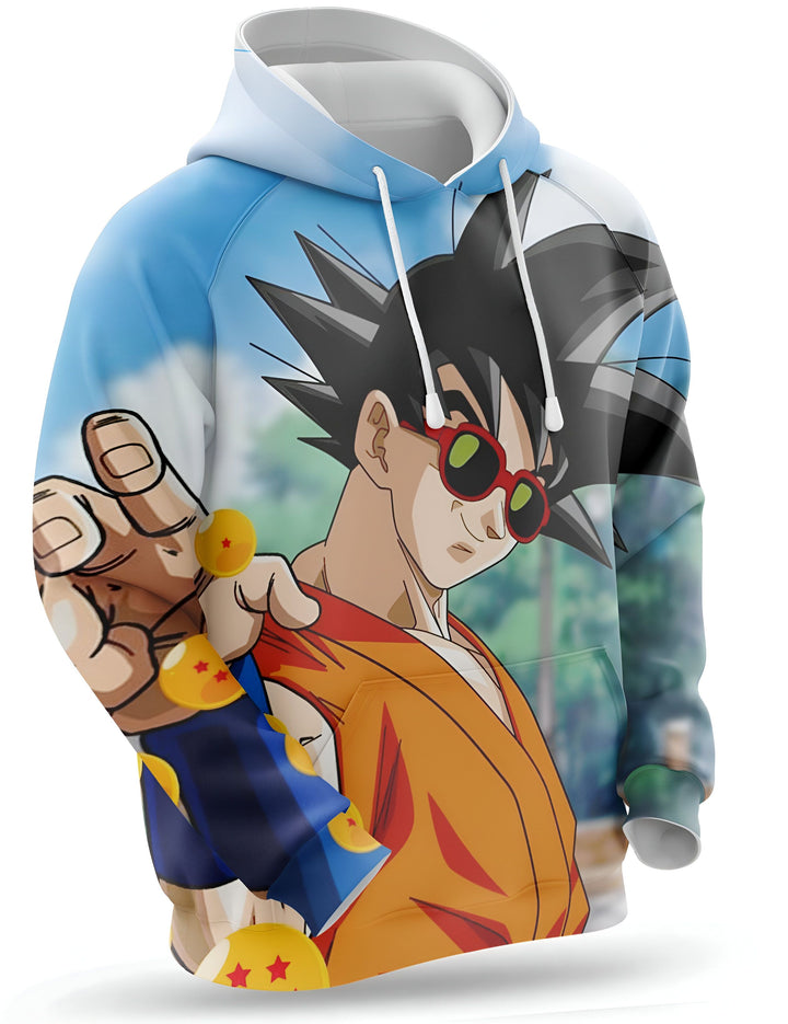 L'image représente un sweat à capuche bleu avec une image de Son Goku, un personnage de la série animée Dragon Ball Z. Son Goku est représenté avec une expression faciale sérieuse et porte des lunettes de soleil vertes. Il est vêtu d'une combinaison orange et bleue et a les cheveux noirs hérissés. Le sweat à capuche est également orné de motifs de Dragon Ball Z.,SW-4140324112,SW-4144024202,SW-1684071836,SW-6761153883,SW-1053788606,SW-4019133964,SW-1333135505,SW-7180336130,SW-6444787661