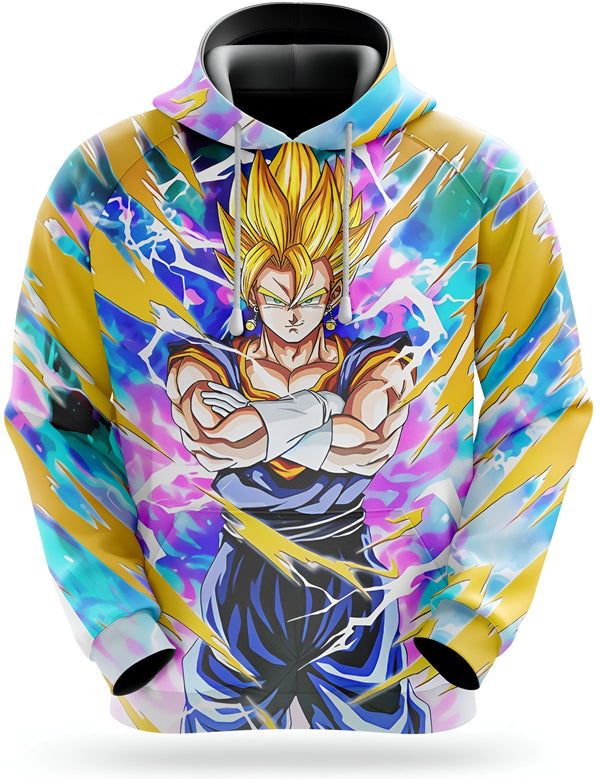 Une image d'un personnage de dessin animé, Vegeta, portant une combinaison bleue et jaune. Il a les cheveux jaunes et les yeux bleus. Il est entouré d'éclairs bleus et jaunes.,SW-6096158404,SW-1175284629,SW-0552838578,SW-6332337222,SW-5912463990,SW-5494912264,SW-7838211824,SW-936521713X