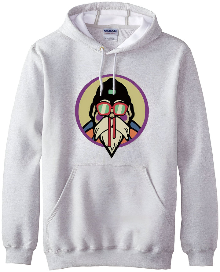 Le visuel représente un sweat-shirt à capuche de couleur grise avec un cercle imprimé sur le devant. Dans le cercle, il y a un personnage de dessin animé avec une barbe blanche et des lunettes de soleil. Le personnage porte un chapeau noir et un gilet orange.