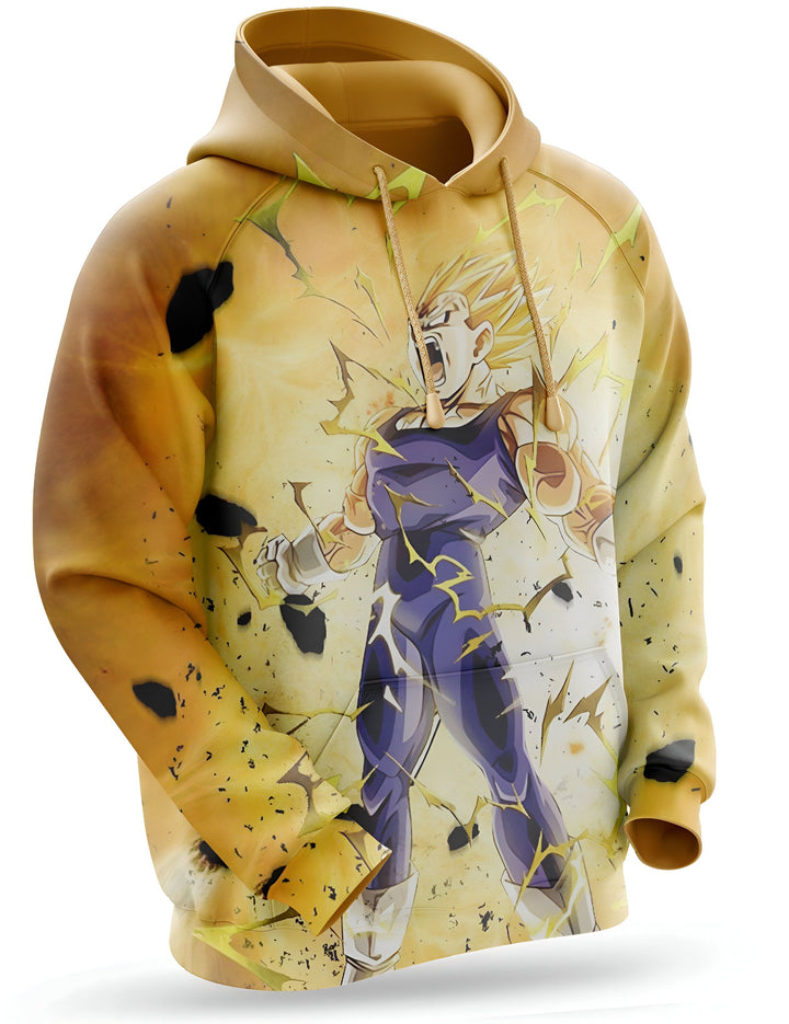 Une image d'un sweat à capuche jaune avec une image de Vegeta, un personnage de Dragon Ball Z, en train de se transformer en Super Saiyan.,SW-8120749138,SW-7068570313,SW-8716313720,SW-9580012970,SW-0731346467,SW-932629059X,SW-4579243293,SW-1430543582