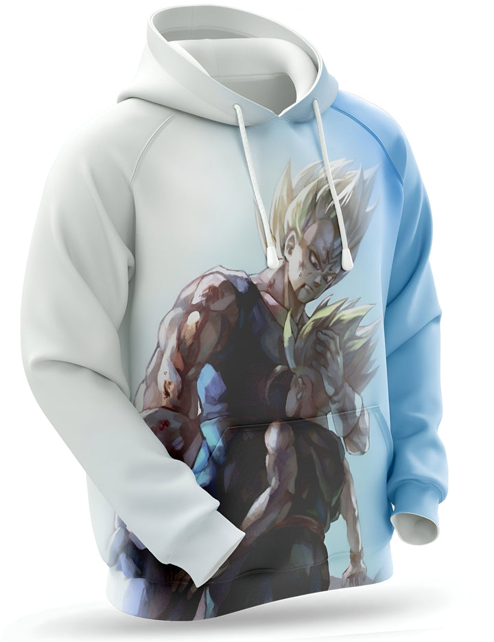Une image d'un sweat à capuche blanc et bleu avec une illustration de Vegeta et Trunks.,SW-0618035532,SW-0006528155,SW-3104085366,SW-0566720485,SW-9991877169,SW-150454739X,SW-444063141X