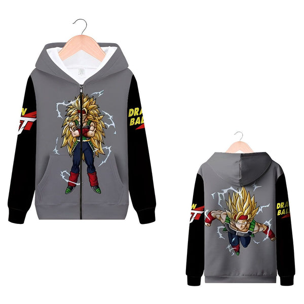 Une image d'un sweat à capuche Dragon Ball Z gris avec une fermeture éclair sur le devant. Le sweat à capuche a une doublure en polaire et des poignets et un ourlet côtelés. Le devant du sweat à capuche comporte un imprimé du personnage de Dragon Ball Z, Broly.,SW-9617247062,SW-5460046912,SW-9829238334,SW-4720302882,SW-0512715432,SW-4319682416,SW-6799365519