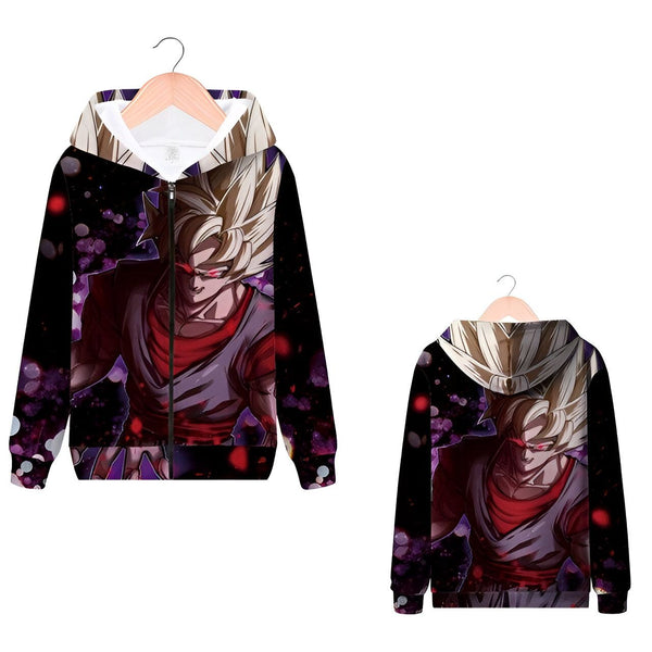L'image représente un sweat à capuche noir avec une image de Son Goku, un personnage de la série animée Dragon Ball Z. Son Goku est représenté en train de se transformer en Super Saiyan, avec ses cheveux blonds et ses yeux bleus. Le sweat à capuche est zippé et possède une capuche avec des cordons de serrage.,SW-7843715002,SW-8886183690,SW-4716243680,SW-5100821027,SW-4833825392,SW-8323310084,SW-0367886294
