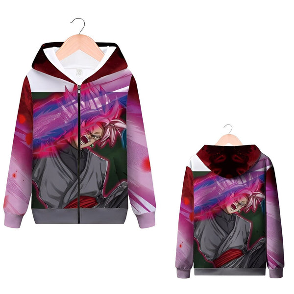 Une image d'un sweat à capuche Dragon Ball Z avec le personnage de Goku Black. Il est vêtu d'un kimono noir et rose et a les cheveux roses. Il est en train de se battre contre un adversaire invisible. Le sweat à capuche est disponible en plusieurs tailles pour les enfants.,SW-9106823653,SW-2243534231,SW-5769283416,SW-4678770194,SW-2627845055,SW-4376415790,SW-9099171943