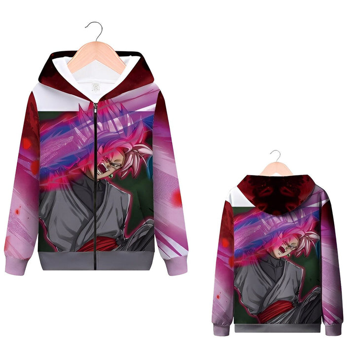 Une image d'un sweat à capuche Dragon Ball Z avec le personnage de Goku Black. Il est vêtu d'un kimono noir et rose et a les cheveux roses. Il est en train de se battre contre un adversaire invisible. Le sweat à capuche est disponible en plusieurs tailles pour les enfants.,SW-9106823653,SW-2243534231,SW-5769283416,SW-4678770194,SW-2627845055,SW-4376415790,SW-9099171943