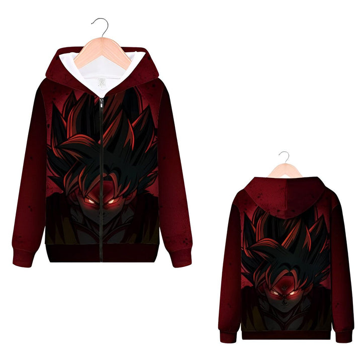 L'image représente un sweat à capuche rouge avec une fermeture éclair sur le devant. Le sweat à capuche a une image de Son Goku, un personnage de la série animée Dragon Ball Z. Son Goku est représenté avec les cheveux noirs et les yeux rouges. Il porte une combinaison orange et bleue. Le sweat à capuche est disponible en plusieurs tailles.,SW-6600772638,SW-2303132614,SW-3229941667,SW-9263496218,SW-6871057293,SW-9674207678,SW-6125062341