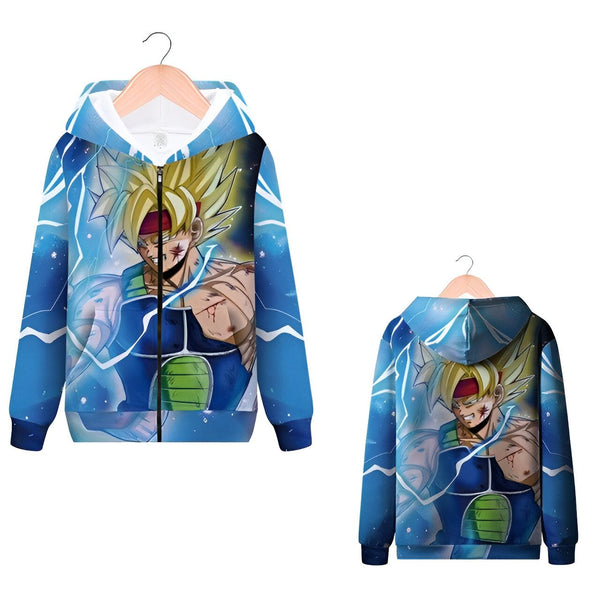 L'image représente un sweat à capuche bleu avec une image de Broly, un personnage de Dragon Ball Z. Broly est un Saiyan légendaire, et le sweat à capuche le représente avec ses cheveux blonds hérissés et sa peau verte. Il porte également son costume de combat vert et jaune. Le sweat à capuche est zippé et possède une capuche doublée de fourrure blanche.,SW-8137859241,SW-7071826196,SW-9719717955,SW-9647823169,SW-7148896185,SW-8685108942,SW-0825819520
