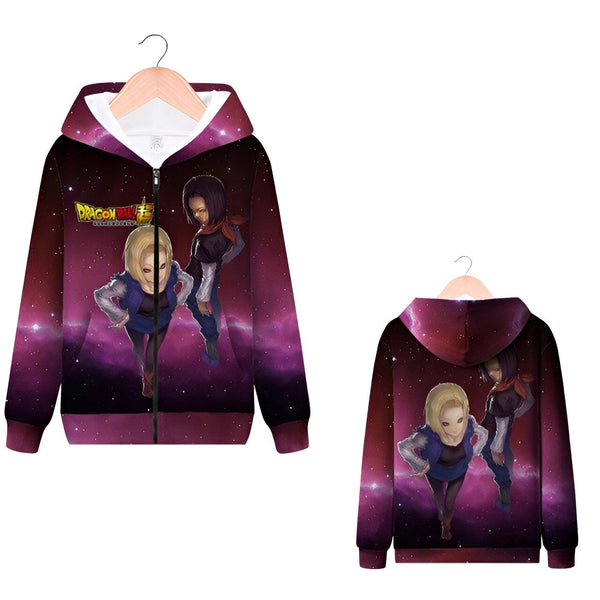 Une image d'un sweat-shirt à capuche violet avec une image de deux personnages de l'anime Dragon Ball Super, Videl et C-18.,SW-1529229634,SW-605592790X,SW-8312281177,SW-6071176360,SW-1151279099,SW-4494013250,SW-1103025082