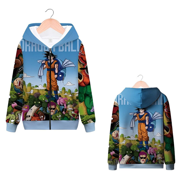L'image représente un sweat à capuche bleu avec une image de Son Goku, un personnage de Dragon Ball Z. Il est entouré d'autres personnages de la série.,SW-9951186645,SW-4432854065,SW-0543938433,SW-0876900228,SW-8753319958,SW-8237056248,SW-0401249611