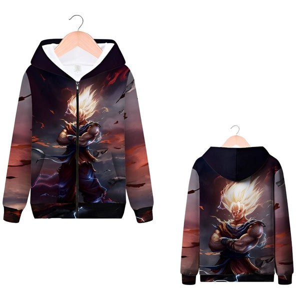 Une image d'un sweat à capuche noir avec une image de Son Goku, un personnage de la série animée Dragon Ball Z. Il est vêtu d'un costume orange et a les cheveux jaunes. Il est en position de combat, avec les poings serrés et les yeux écarquillés. Le sweat à capuche est zippé et possède une capuche.,SW-5744609512,SW-6207661710,SW-8872063337,SW-4510692722,SW-6386564162,SW-9066475196,SW-3548647901