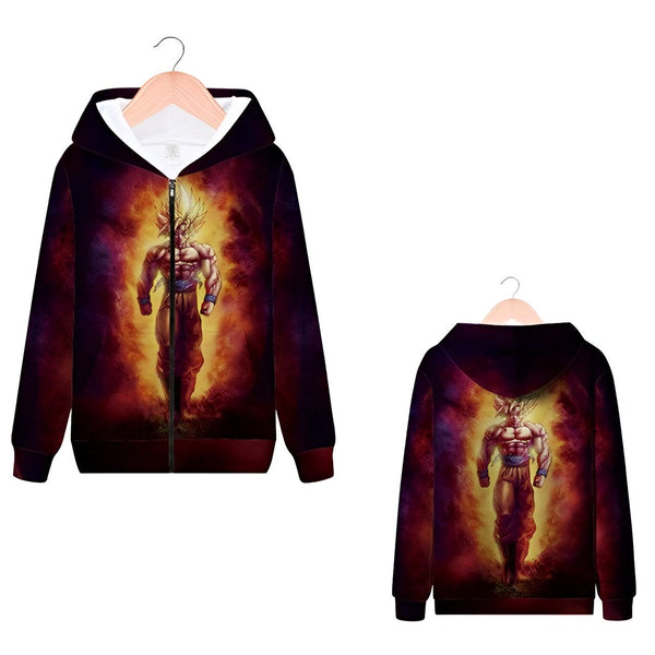 L'image représente un sweat à capuche noir avec une image de Son Goku, un personnage de la série animée Dragon Ball Z. Son Goku est représenté en train de se tenir debout, les bras croisés sur la poitrine. Il est entouré d'un feu orange et jaune. Le sweat à capuche est zippé et possède une capuche avec des cordons de serrage.,SW-3827452279,SW-2980895733,SW-005751531X,SW-1839716487,SW-3098819618,SW-5383970533,SW-9576893631