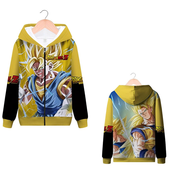 L'image montre un sweat à capuche jaune avec une image de Son Goku, un personnage de la série animée Dragon Ball Z. Il est vêtu d'une combinaison bleue et jaune et a les cheveux jaunes hérissés. Le sweat à capuche a une fermeture éclair sur le devant et une capuche avec un cordon de serrage. Il est également doté de deux poches latérales.,SW-6163985362,SW-1047507501,SW-7534220459,SW-1076333524,SW-3449851705,SW-3810161950,SW-5392050298