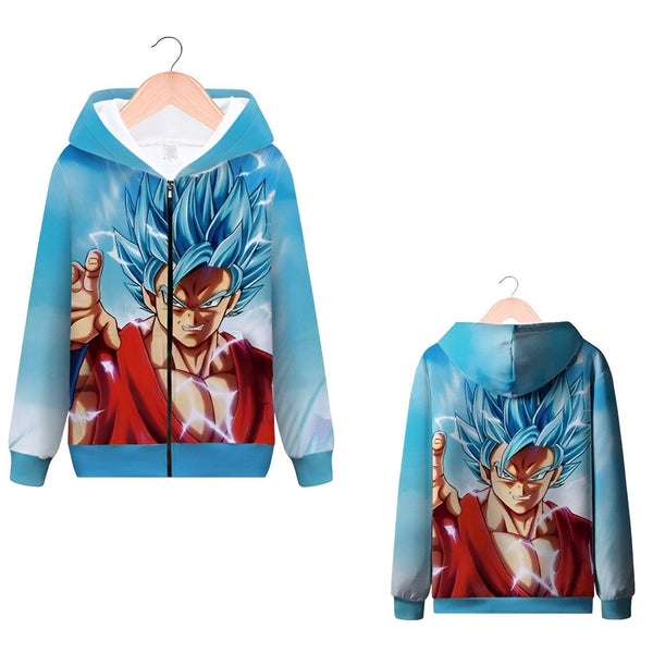 L'image représente un sweat à capuche bleu avec une image de Son Goku, un personnage de la série animée Dragon Ball Z. Son Goku est représenté en train de se mettre en position pour attaquer. Le sweat à capuche est zippé et possède une capuche.,SW-3014659088,SW-3923444389,SW-3129367586,SW-1566004306,SW-7186723101,SW-4565999188,SW-1323719113