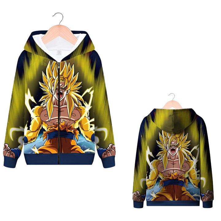 L'image représente un sweat à capuche bleu marine à fermeture éclair avec une doublure en polaire blanche. Le sweat à capuche a une image de Son Goku, un personnage de la série animée japonaise Dragon Ball Z. Son Goku est représenté en train de se transformer en Super Saiyan, avec ses cheveux blonds hérissés et ses yeux bleus. Le sweat à capuche est disponible en plusieurs tailles pour les enfants.,SW-6993432935,SW-4818446505,SW-7866962839,SW-6771168107,SW-2081786737,SW-7279970184,SW-3051204765