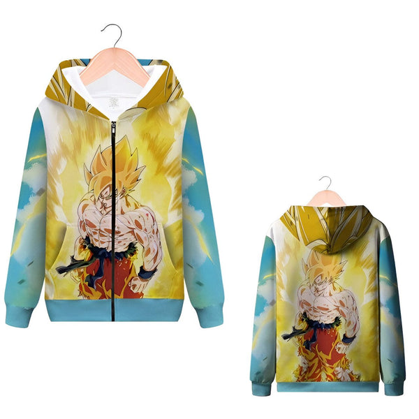 L'image représente un sweat à capuche bleu avec une image de Son Goku, un personnage de la série animée Dragon Ball Z. Son Goku est représenté en train de se battre, avec ses cheveux jaunes hérissés et ses muscles saillants. Le sweat à capuche est zippé et possède une capuche avec des cordons de serrage. Il est également doté de deux poches latérales.,SW-097089788X,SW-9304733073,SW-7365909927,SW-6232922514,SW-0861471407,SW-814705453X,SW-8924800876