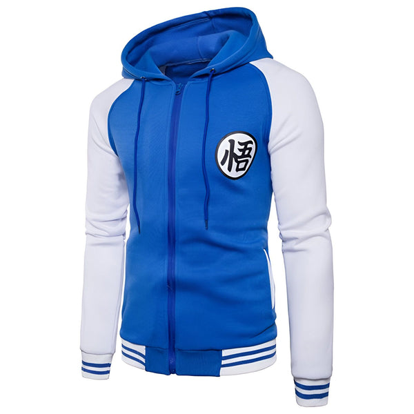 Un sweat à capuche bleu avec des manches blanches et une fermeture éclair sur le devant. Il y a un logo "Goku" sur la poitrine.,SW-8364090186,SW-1954452578,SW-3278937937,SW-6353147090,SW-5831886891