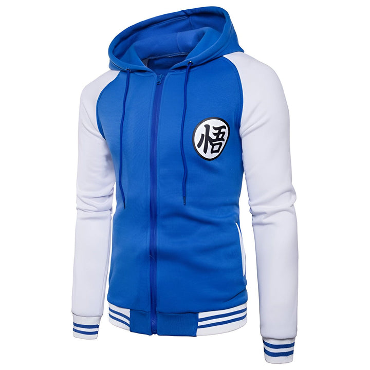 Un sweat à capuche bleu avec des manches blanches et une fermeture éclair sur le devant. Il y a un logo "Goku" sur la poitrine.,SW-8364090186,SW-1954452578,SW-3278937937,SW-6353147090,SW-5831886891