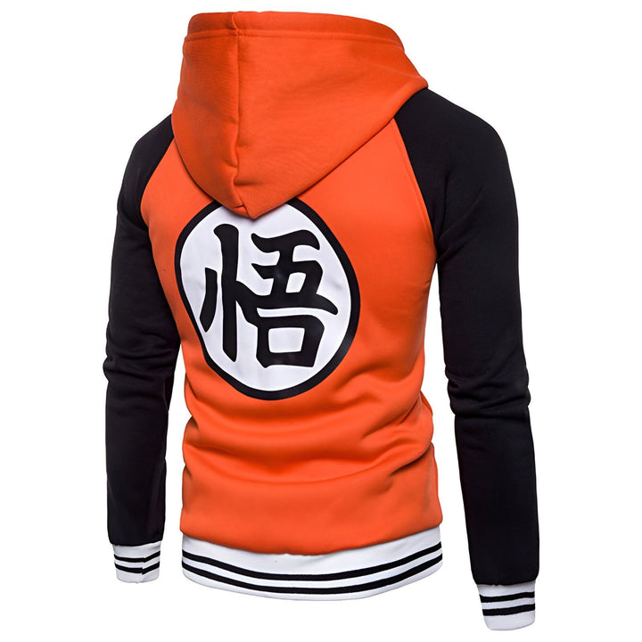 Une image d'un sweat à capuche orange et noir avec le symbole "Goku" dans le dos.,SW-7950278382,SW-7509193753,SW-1485599423,SW-5674487456,SW-2084868793