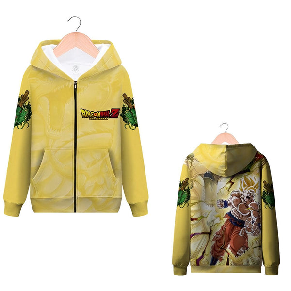 L'image représente un sweat à capuche jaune à l'effigie du manga Dragon Ball Z. On peut y voir le logo de la série ainsi que des personnages comme Goku, Vegeta et Gohan.,SW-2403981575,SW-6298476563,SW-4795179778,SW-9091506229,SW-4831800880,SW-0031382002,SW-2853556921
