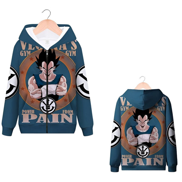 Une image d'un sweat à capuche bleu avec une image de Vegeta, un personnage de Dragon Ball Z. Il est écrit "Vegeta's Gym" sur le devant et "Power from Pain" dans le dos.,SW-1894455487,SW-9607363671,SW-6006846152,SW-7113548091,SW-3084313717,SW-3018354001,SW-5810410375