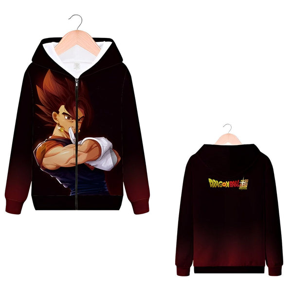 Une image d'un sweat à capuche noir avec une image de Vegeta, un personnage de Dragon Ball Z. Le sweat à capuche a une fermeture éclair sur le devant et une capuche avec un cordon de serrage. Il y a une poche kangourou sur le devant. Le dos du sweat à capuche est noir avec le logo de Dragon Ball Z en rouge.,SW-8097336464,SW-8076344093,SW-4819518070,SW-2727110979,SW-6755401617,SW-7513381895,SW-7119346717