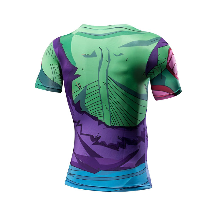 L'image représente un t-shirt moulant vert et violet avec des motifs de Piccolo, un personnage de Dragon Ball Z.,T--787448925X,T--9382434852,T--4409021451,T--467069426X,T--5458765761,T--1957631724,T--8001447537
