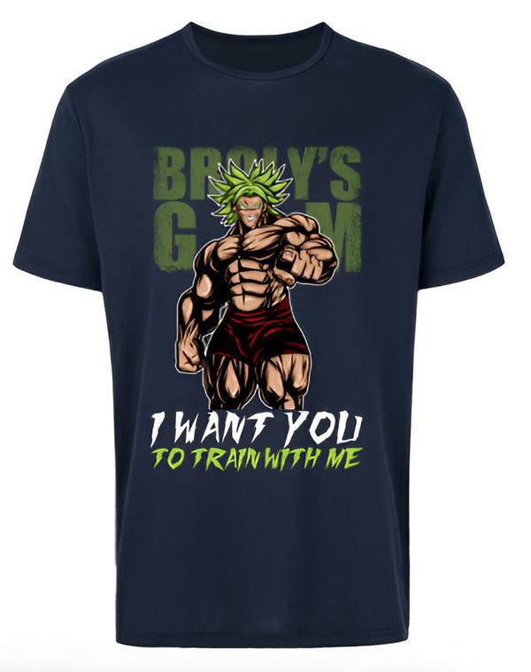 Une image d'un t-shirt bleu avec un personnage de dessin animé dessus. Le personnage est un extraterrestre musclé avec les cheveux verts et il porte une combinaison orange. Il est en train de se pointer du doigt et le texte sur le t-shirt dit "Broly's Gym I want you to train with me".,T--7078037022,T--6329442959,T--8295411284,T--4536798889,T--0188599355