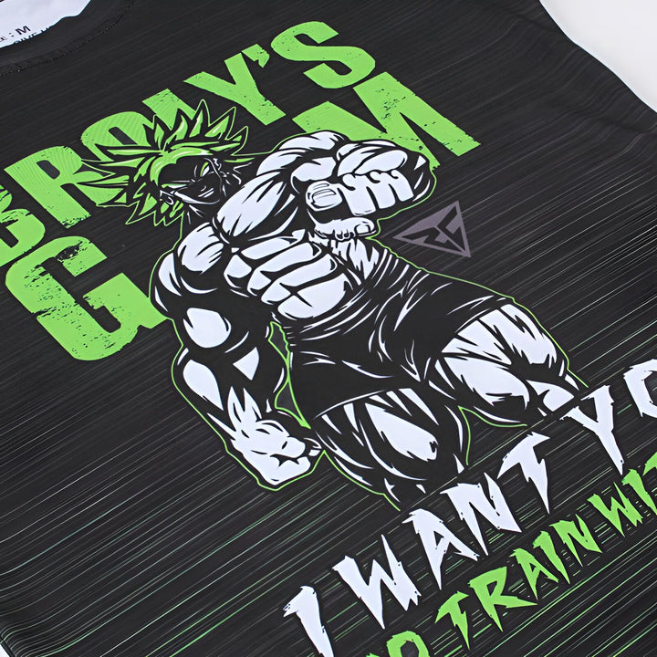 Une image d'un homme musclé avec les cheveux verts. Il porte une débardeur noire et un short. Il est en train de frapper dans les airs. Il y a du texte sur l'image qui dit "Broly's Gym".,T--7078037022,T--6329442959,T--8295411284,T--4536798889,T--0188599355