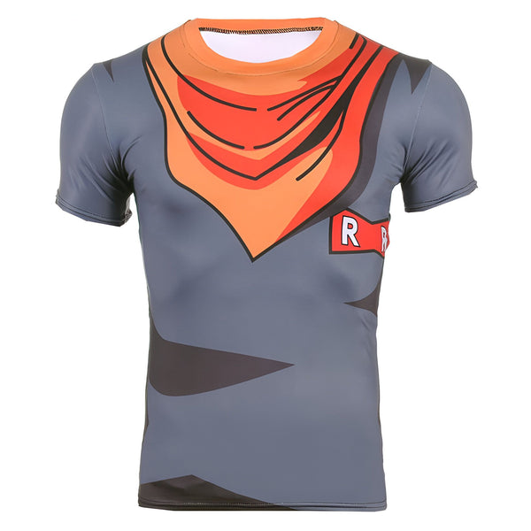 Le t-shirt représente le personnage de C-17 de la série Dragon Ball Z. Il porte une combinaison moulante grise et orange avec un foulard orange autour du cou.,T--3885832925,T--5988789439,T--5118196779,T--3461709034,T--8064908647,T--5511336548,T--8367336348