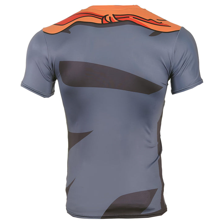 Une image d'un t-shirt de compression porté par un homme. Le t-shirt est gris et orange avec un motif de feuilles sur le devant et le dos.,T--3885832925,T--5988789439,T--5118196779,T--3461709034,T--8064908647,T--5511336548,T--8367336348