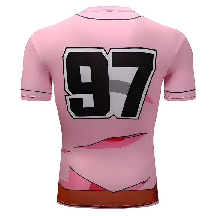 Le dos d'un maillot de sport rose avec le numéro 97 écrit en noir et gris.,T--6733770504,T--7829878838,T--6230930579,T--0225083310,T--0278268552,T--8543359074,T--5471887395,T--8273133516