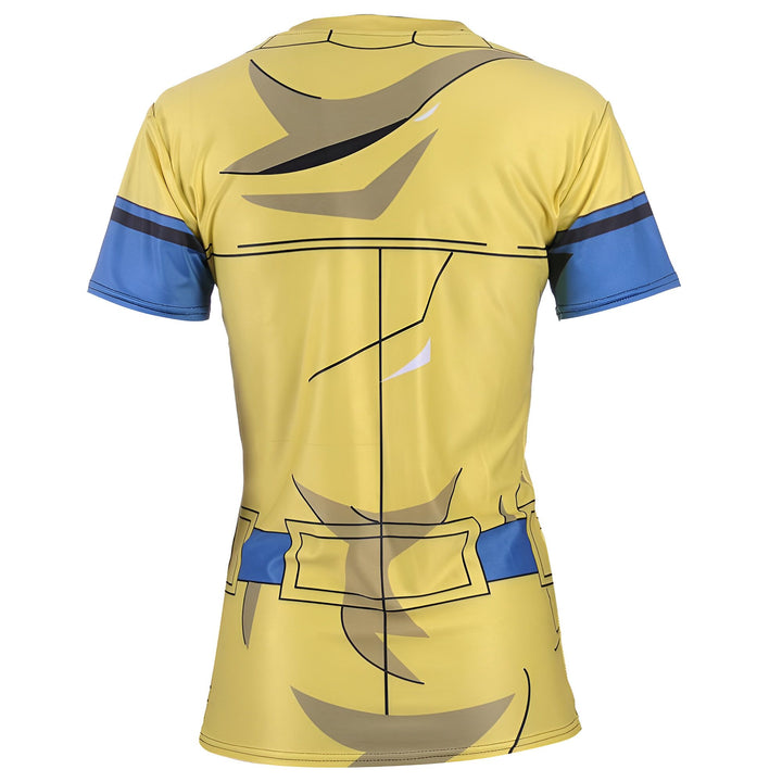 L'image représente un t-shirt jaune et bleu avec un motif de super-héros.,T--9700535177,T--2778798242,T--1892844885,T--1334420130,T--8747839880,T--1573817686,T--6747366344