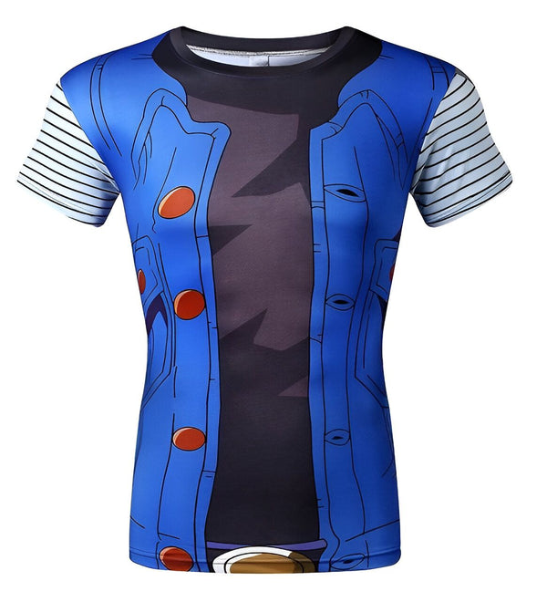 Une image d'un t-shirt bleu avec des manches blanches. Il y a des boutons rouges sur le devant et une ceinture marron. Le t-shirt est inspiré du personnage de Dragon Ball Z, Androïde 17.,T--3630871771,T--7688095727,T--289227687X,T--3653531896,T--9492281961,T--1573612626,T--5644407462