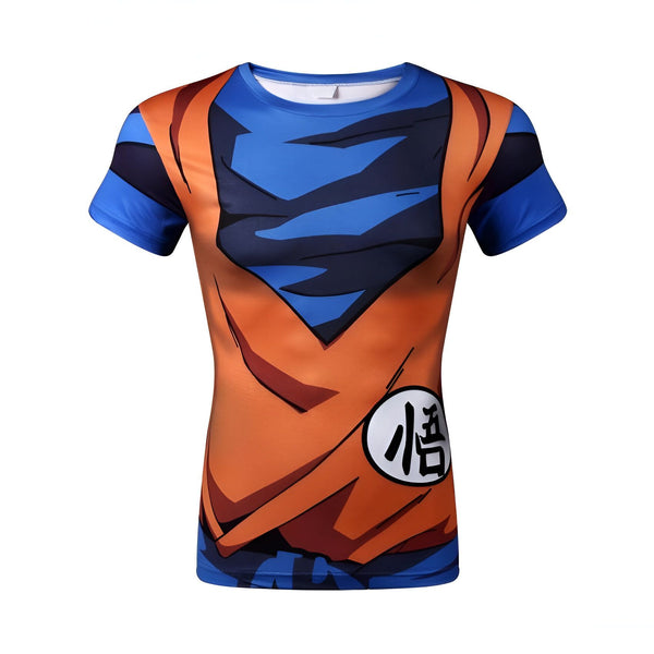 Le T-shirt représente le personnage de Son Goku dans la série animée Dragon Ball Z. Il est vêtu de sa combinaison orange et bleue caractéristique, et le kanji "Go" est écrit sur son épaule droite.,T--0201680017,T--886681895X,T--9200499198,T--6810794867,T--1064951236