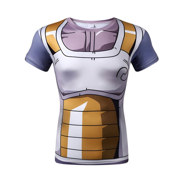 L'image représente un t-shirt moulant à manches courtes de couleur blanche et violette. Il est imprimé avec l'armure de Vegeta, un personnage de la série animée Dragon Ball Z.,T--2462379053,T--2871054983,T--8866233552,T--5484543193,T--5531146175,T--1821159128