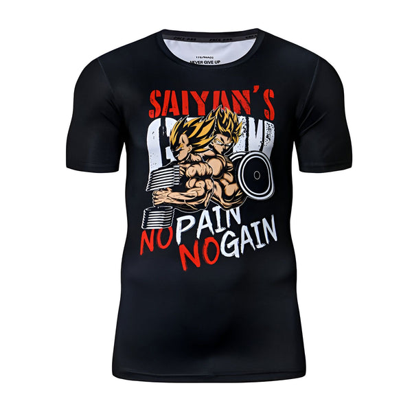 L'image représente un t-shirt noir avec un motif de Son Goku et Vegeta, deux personnages de la série animée Dragon Ball Z. Ils sont représentés en train de s'entraîner dans une salle de sport. Le texte "Saiyan's Gym" est écrit en haut du t-shirt, et le texte "No pain, no gain" est écrit en bas.,T--5590699134,T--324352038X,T--6876365573,T--4252625467,T--0584294239