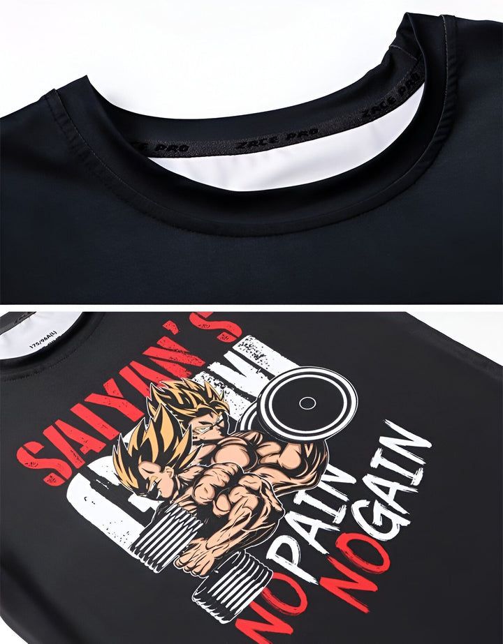 Une image d'un t-shirt noir avec un imprimé coloré représentant un personnage de dessin animé soulevant des poids. Le texte "Saiyan's Gym - No pain no gain" est écrit en rouge et blanc sur l'imprimé.,T--5590699134,T--324352038X,T--6876365573,T--4252625467,T--0584294239