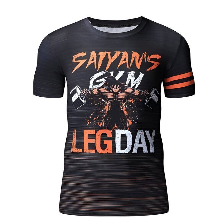 Une image d'un t-shirt noir avec un motif de Goku, un personnage de Dragon Ball Z, en train de s'entraîner dans une salle de sport. Le texte sur le t-shirt dit "Saiyan's Gym Leg Day".,T--8093811176,T--1737048299,T--4394894409,T--8735193697,T--2484757018