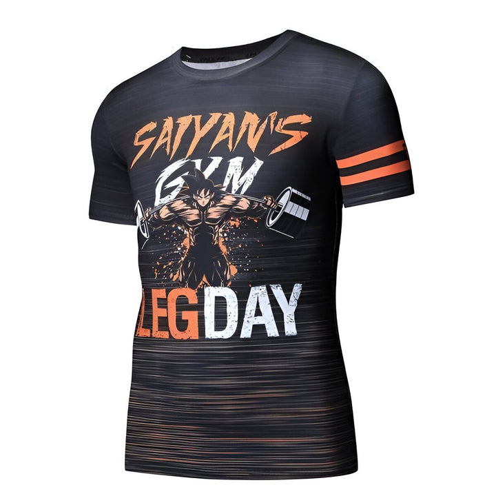 L'image représente un t-shirt noir avec une image de Son Goku, un personnage de la série animée Dragon Ball Z. Son Goku est en train de s'entraîner avec des haltères. Le t-shirt est écrit "Saiyan's Gym Leg Day".,T--8093811176,T--1737048299,T--4394894409,T--8735193697,T--2484757018