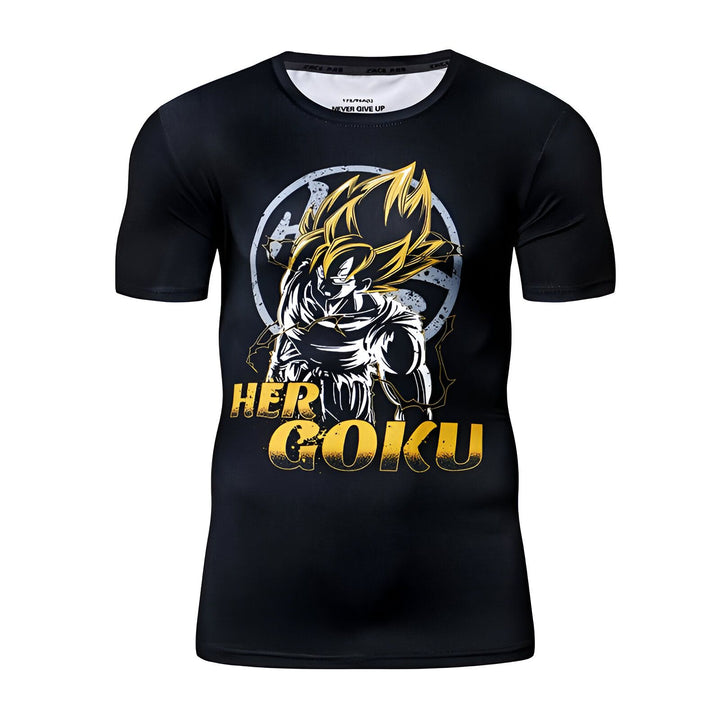 Le t-shirt représente Son Goku, un personnage de la série animée japonaise Dragon Ball Z. Il est vêtu de sa combinaison de combat orange et bleue et est en position de combat. Le texte "Her Goku" est écrit en lettres jaunes sur le côté droit du t-shirt.,T--6385992314,T--5409012429,T--8941100372,T--2449858466,T--4258436259