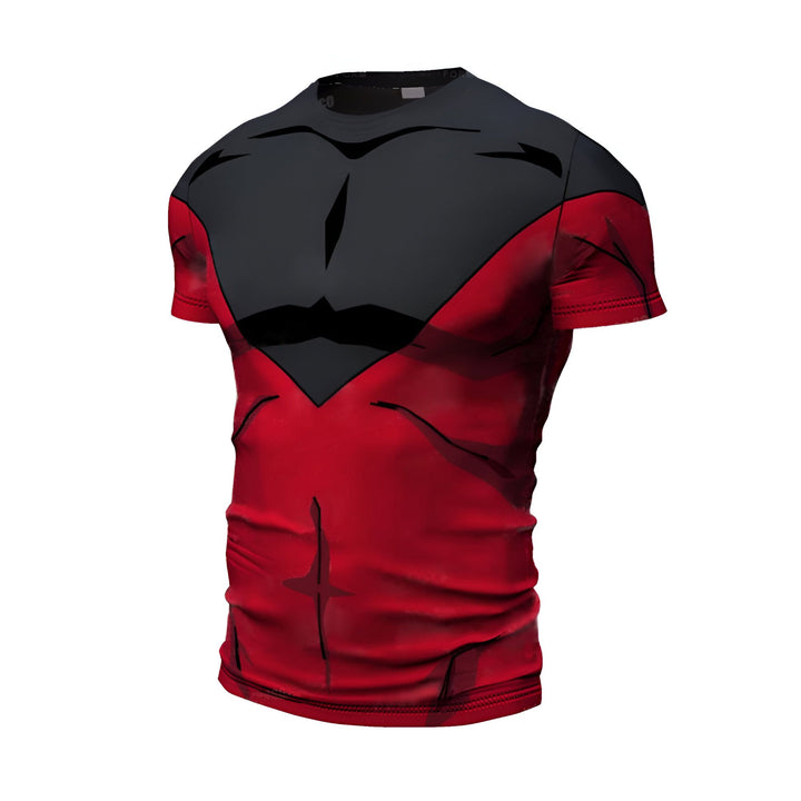 Une image d'un t-shirt moulant rouge et noir avec un motif inspiré du personnage de Son Goku dans la série Dragon Ball Z.,T--5575590313,T--7149098665,T--782674444X,T--3524878466,T--7420427291,T--3758611423,T--2014176191