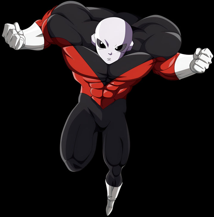 L'image représente un personnage de dessin animé, Jiren, qui est un extraterrestre humanoïde grand et musclé avec la peau blanche, les cheveux blancs et les yeux rouges. Il porte une combinaison de combat rouge et noire avec des gants et des bottes blancs. Il est en position de combat, avec les poings serrés et les jambes écartées.,T--5575590313,T--7149098665,T--782674444X,T--3524878466,T--7420427291,T--3758611423,T--2014176191