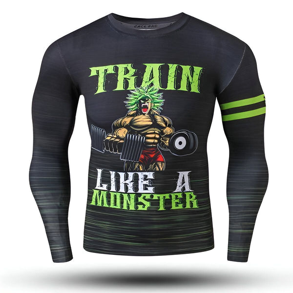 L'image montre un homme musclé avec des cheveux verts qui s'entraîne avec des haltères. Il porte un débardeur noir et un short rouge. Le texte sur le débardeur dit "Train like a monster".,T--7606691770,T--1489202439,T--4199942068,T--8471356465,T--2510817868,T--8349584858