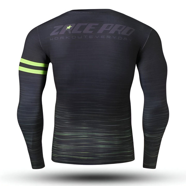 Une image d'un t-shirt de sport noir et vert à manches longues avec le logo "Zace Pro" et le slogan "Workout Every Day" sur le dos.,T--7606691770,T--1489202439,T--4199942068,T--8471356465,T--2510817868,T--8349584858