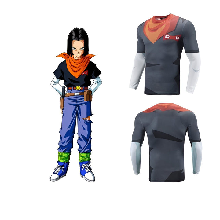 Une image d'un personnage de Dragon Ball Z, portant une chemise noire et un pantalon bleu. Il a une écharpe orange autour du cou et des gants noirs. Il est également vêtu d'une paire de bottes blanches.,T--0424119463,T--1914827074,T--5421341178,T--0430570929,T--3124838483,T--0877736146