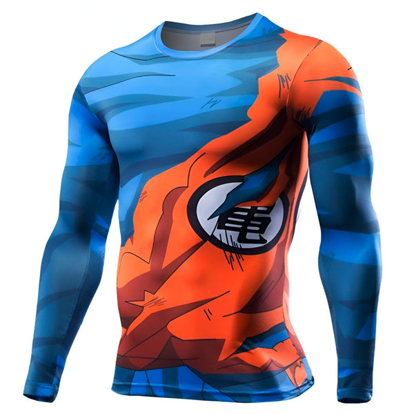 Une image d'un t-shirt moulant à manches longues de couleur orange et bleu avec un motif de Goku, un personnage de la série animée japonaise Dragon Ball Z.,T--2803507714,T--8398411740,T--2374915433,T--9826441317,T--0349148333,T--9907399337