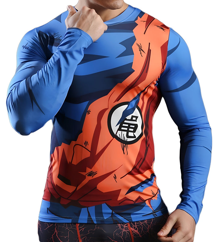 Une image d'un homme portant un t-shirt moulant bleu et orange avec le symbole de Goku, un personnage de la série animée Dragon Ball Z.,T--2803507714,T--8398411740,T--2374915433,T--9826441317,T--0349148333,T--9907399337