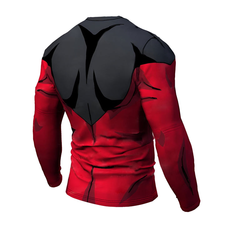 Une image d'un t-shirt moulant rouge et noir avec des manches longues. Le t-shirt a un col rond et des coutures rouges. Il est porté par un mannequin dos à la caméra.,T--4092782675,T--4721241259,T--1923937332,T--3920757491,T--614949893X,T--2402301740,T--5706537380